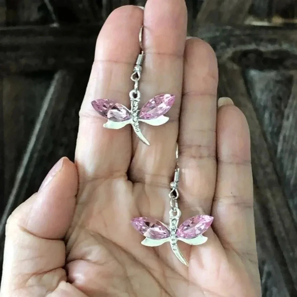Light Pink Crystal Silver Dragonfly Drop Earrings NWT